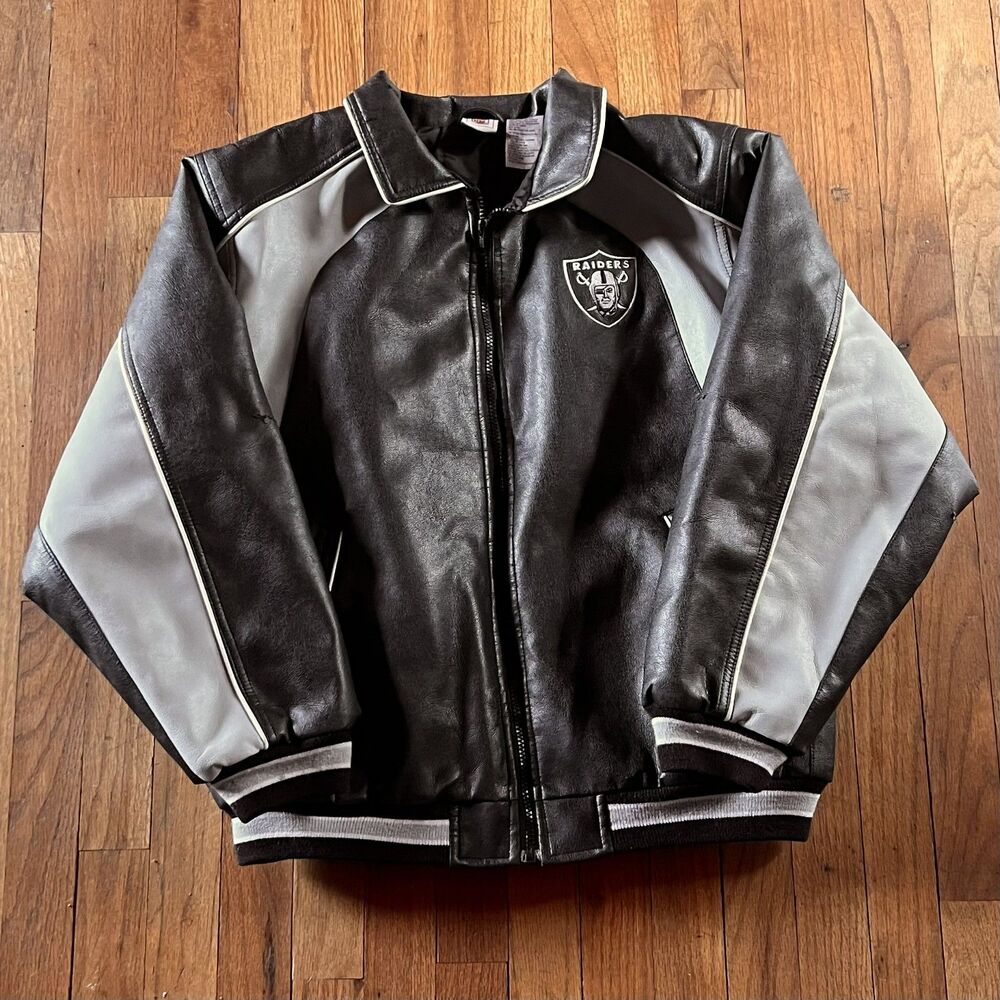 Vintage 90s Oakland Raiders Leather Bomber Jacket - XL Black & Grey NFL Varsity